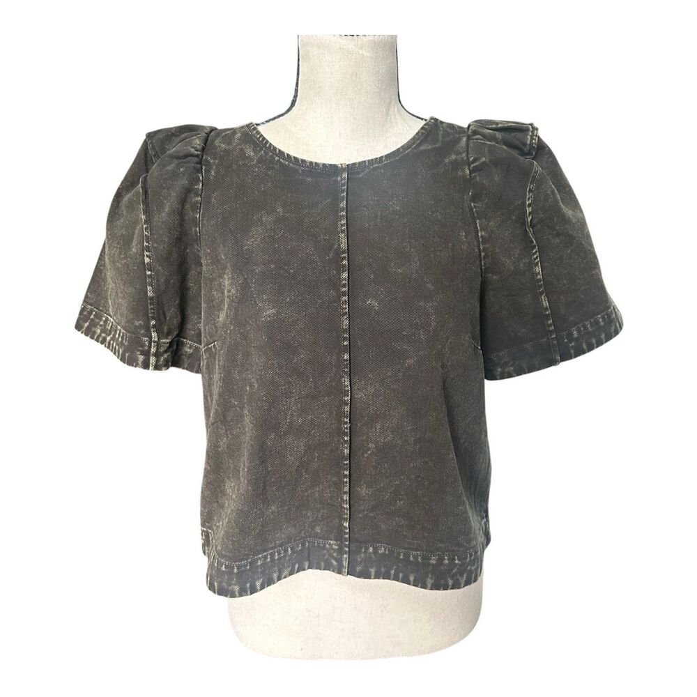 Sea New York Washed Black Denim Puff Sleeve Cotton Top Size 4